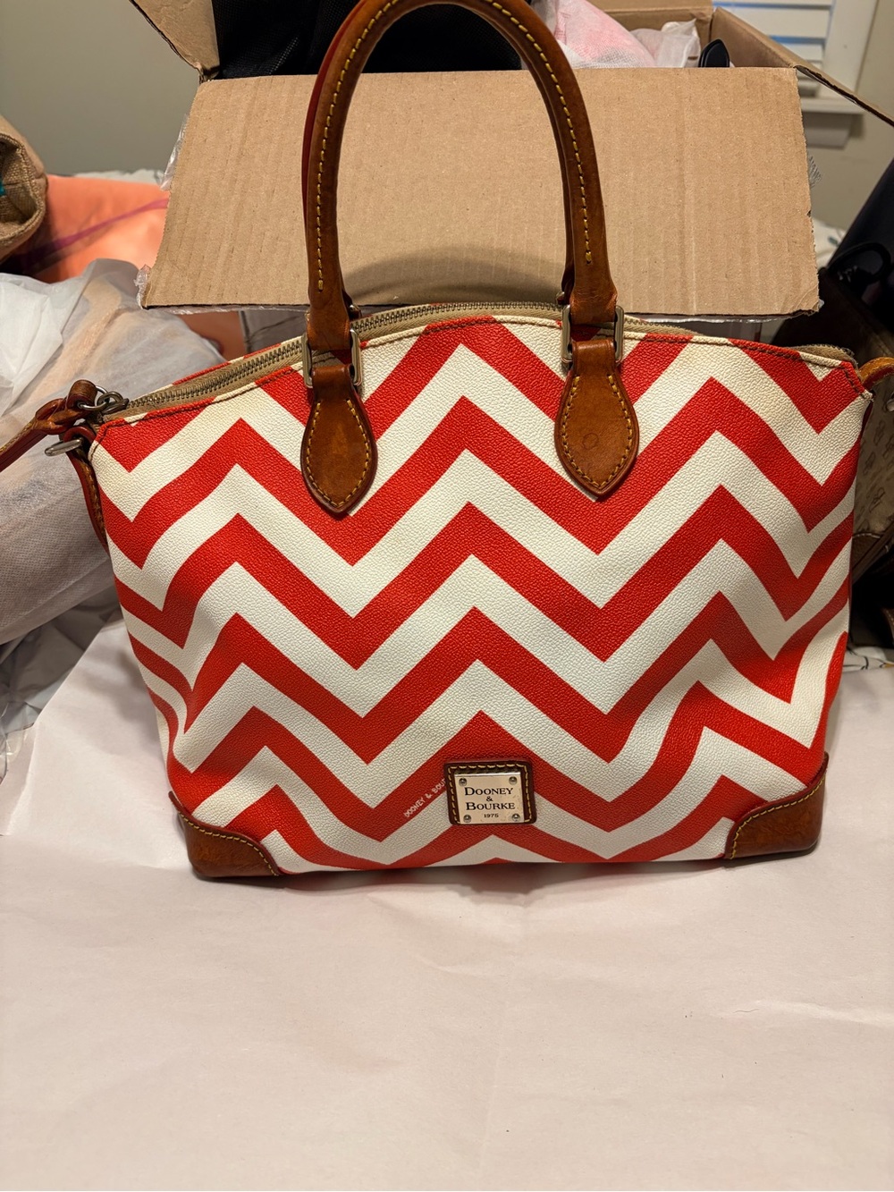 Dooney & Bourke Chevron Domed Zip Satchel Red/White Coated